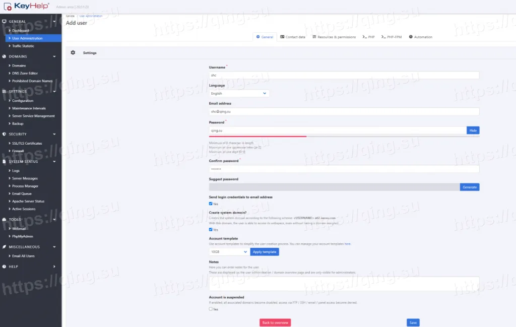 在KeyHelp主机面板中添加账户